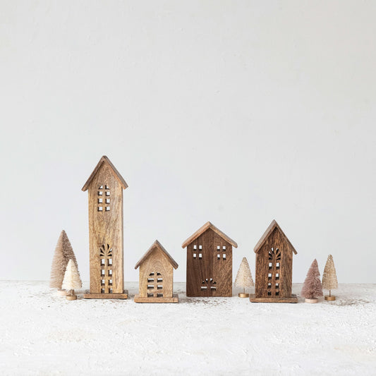 Mango Wood Village House Set – Hand-Carved Charm (Set of 4)